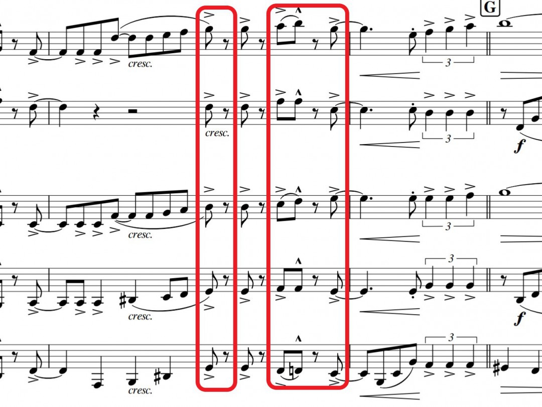 注意点を示したクラリネットアンサンブルの楽譜