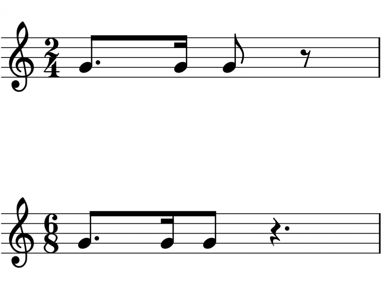 4分の2拍子と8分の6拍子の譜例