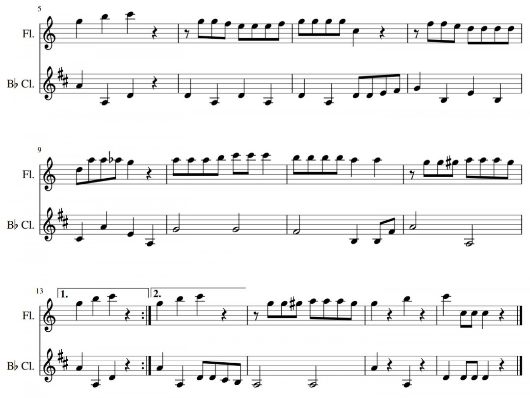 フルートとクラリネットの二重奏の楽譜