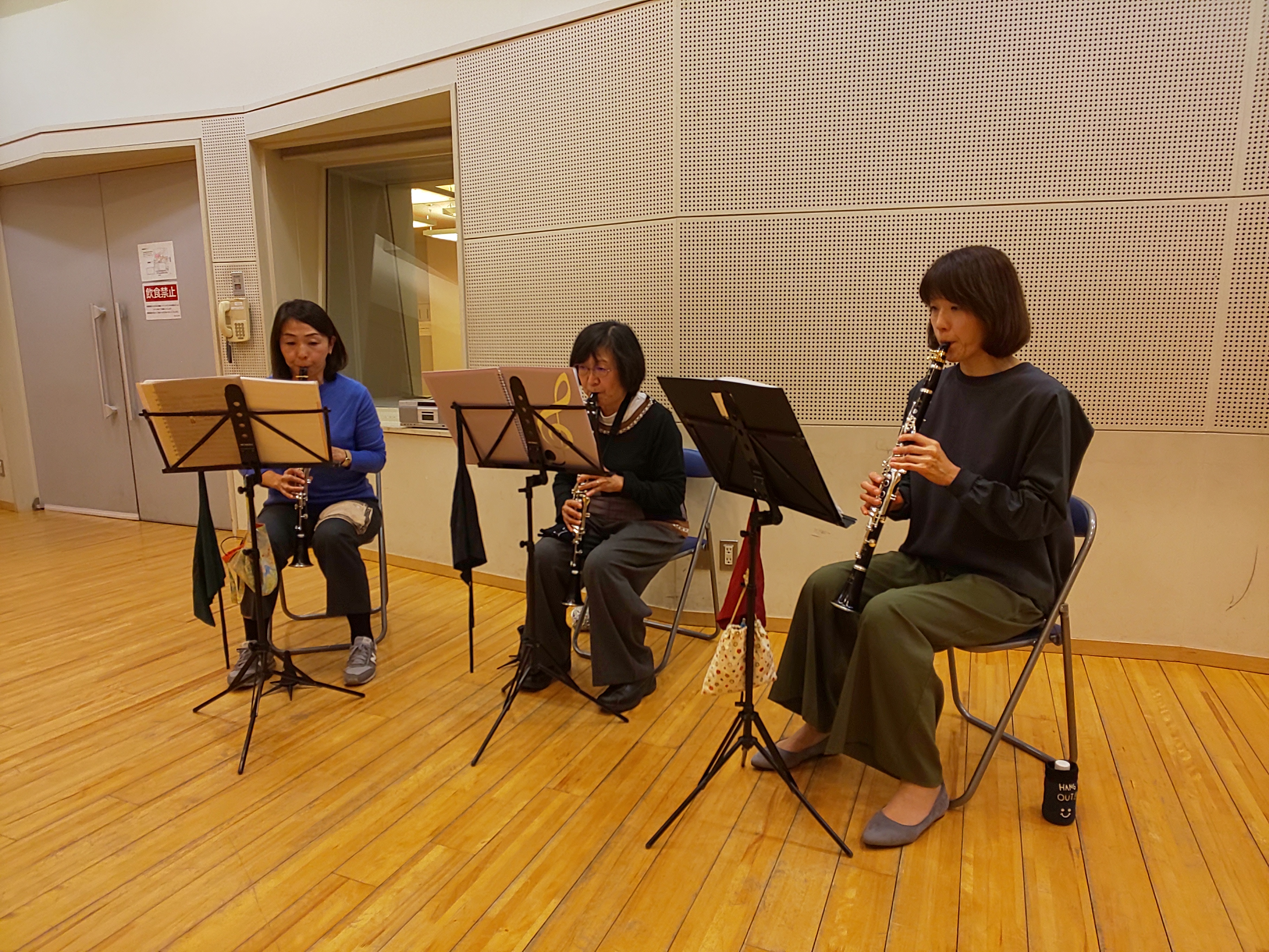 曲の吹き分けに注意しながら合わせる中級者アンサンブル・チームかるがものメンバー